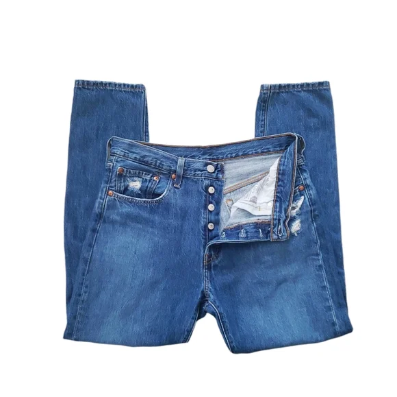 Levi's 501 Skinny Premium Jeans Big "E" Denim Blue Wash Distressed Size 30 hi Ri - Picture 8 of 16